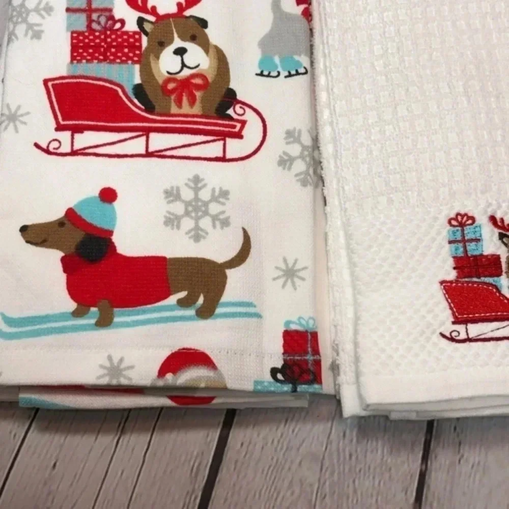 NWT Christmas kitchen towels with dachshund holiday cotton